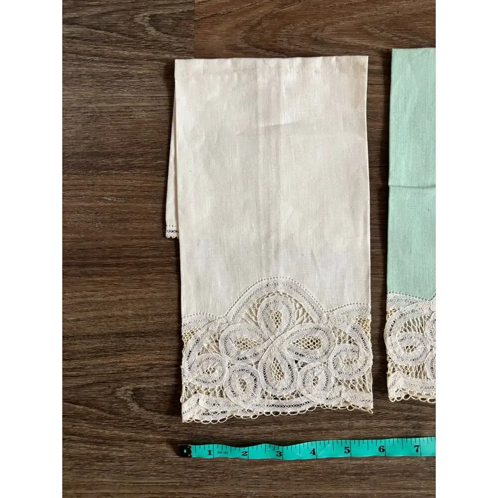 Antique Set of 3 Tape Lace Dinner Napkins Cotton Pastel Green Pink White 17